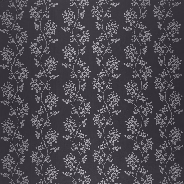 Dark charcoal botanical fabric with slim trailing leaf sprigs in soft grey
