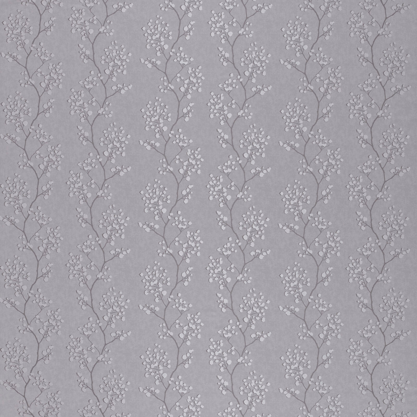 Soft silver-grey botanical drapery fabric with small trailing blossom stems