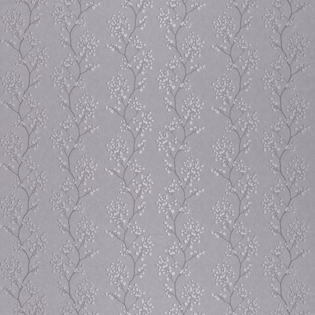 Soft silver-grey botanical drapery fabric with small trailing blossom stems