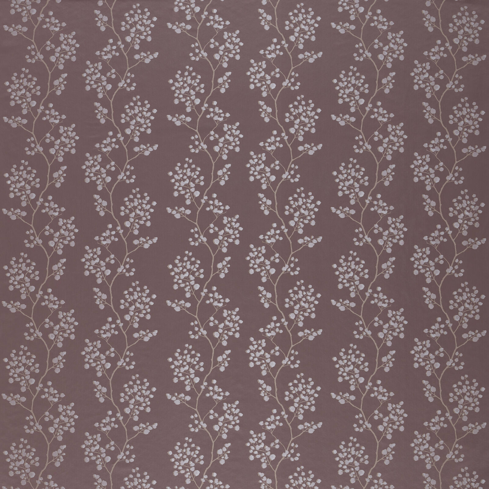 Dusty mauve taupe fabric with vertical pale botanical sprigs and small leaf clusters