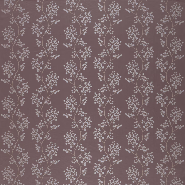 Dusty mauve taupe fabric with vertical pale botanical sprigs and small leaf clusters