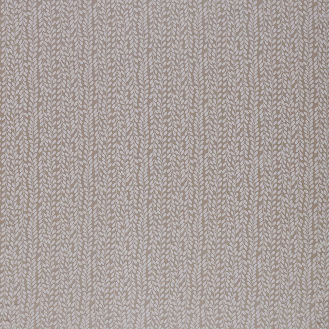 Soft beige fabric with pale botanical leaf trails in a neat repeating pattern