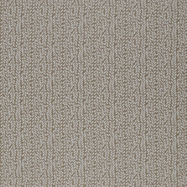 Muted olive botanical fabric with small ivory leaf trails in vertical columns
