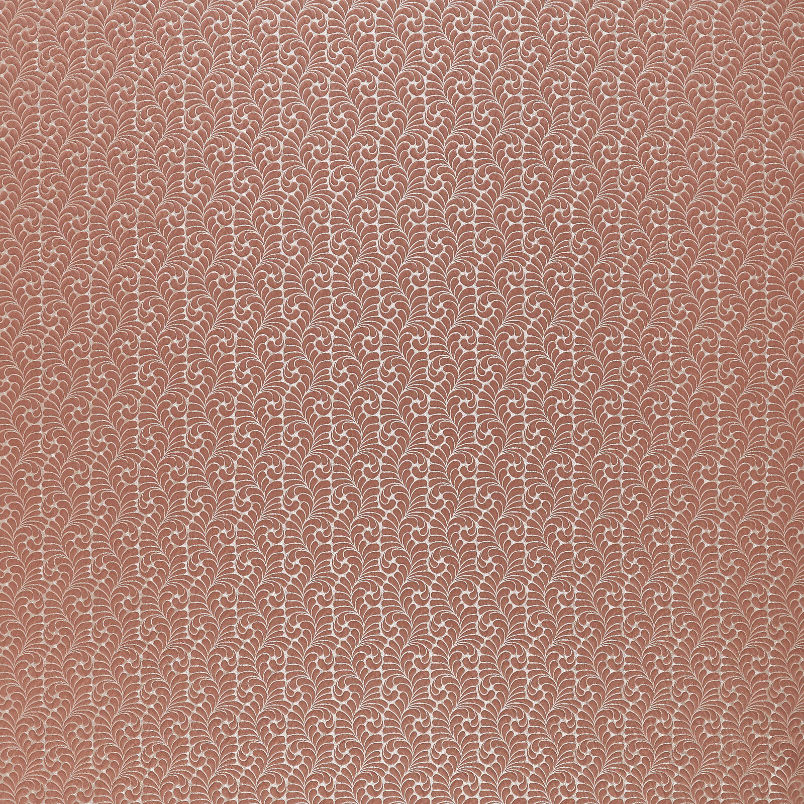 Muted clay-pink botanical fabric with small ivory leaf repeat