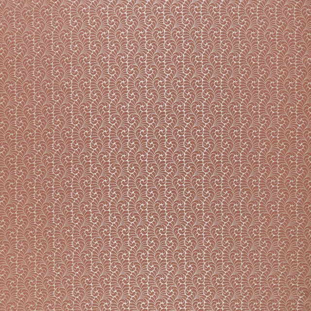 Muted clay-pink botanical fabric with small ivory leaf repeat