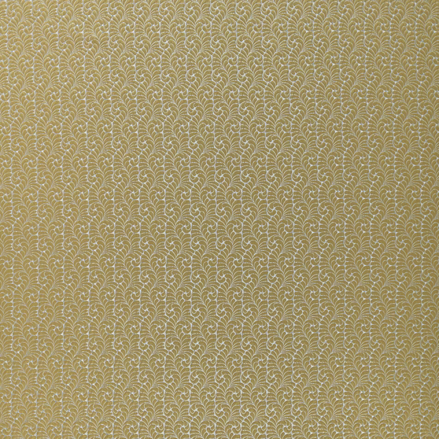 Close-up of Melrose Zest floral fabric in soft mustard gold with pale botanical outlines
