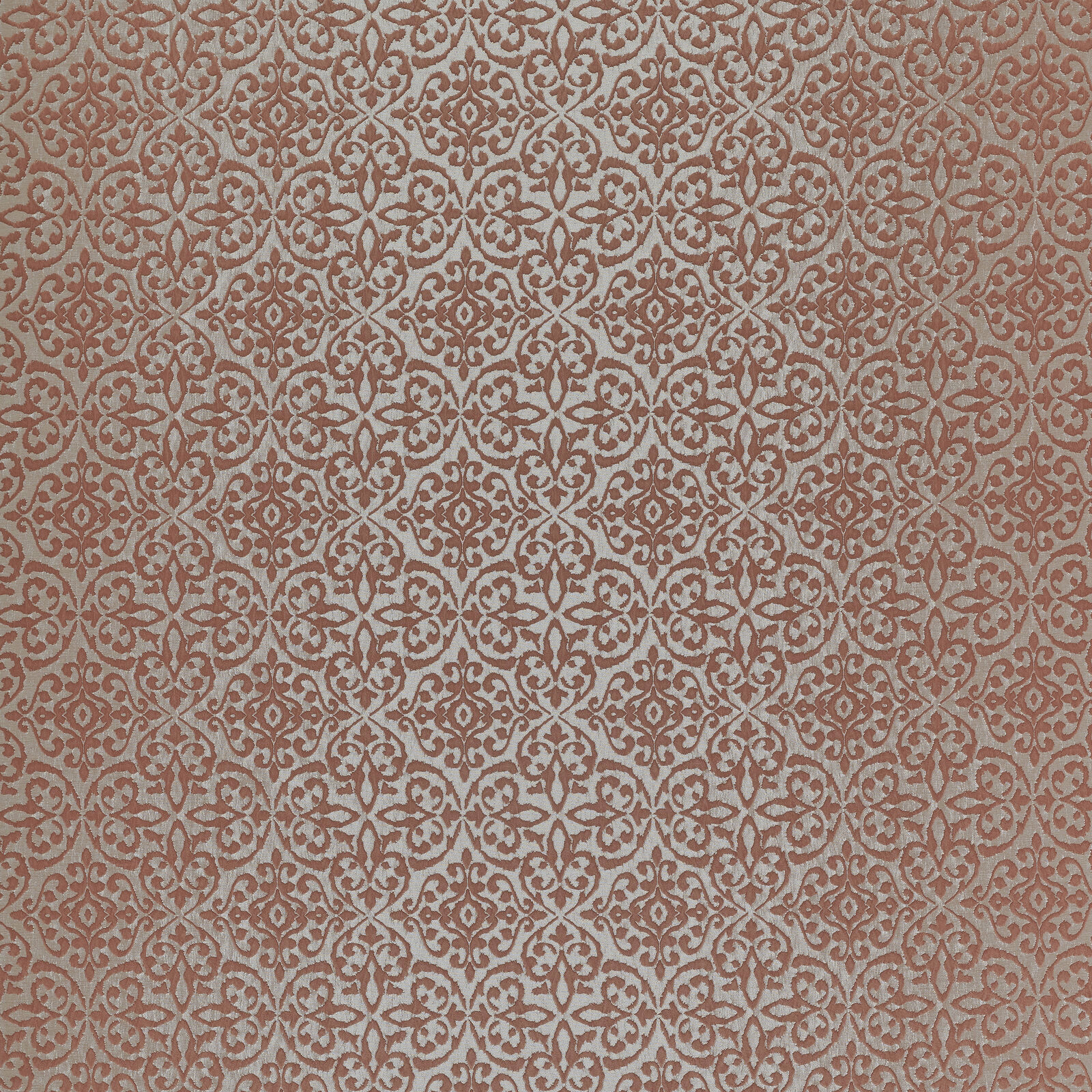 Muted terracotta damask fabric with a warm beige ground and small repeating motif