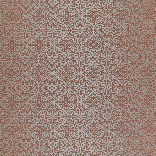 Muted terracotta damask fabric with a warm beige ground and small repeating motif