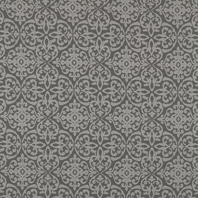 Grey damask fabric swatch with a cool denim-toned ground and pale motif