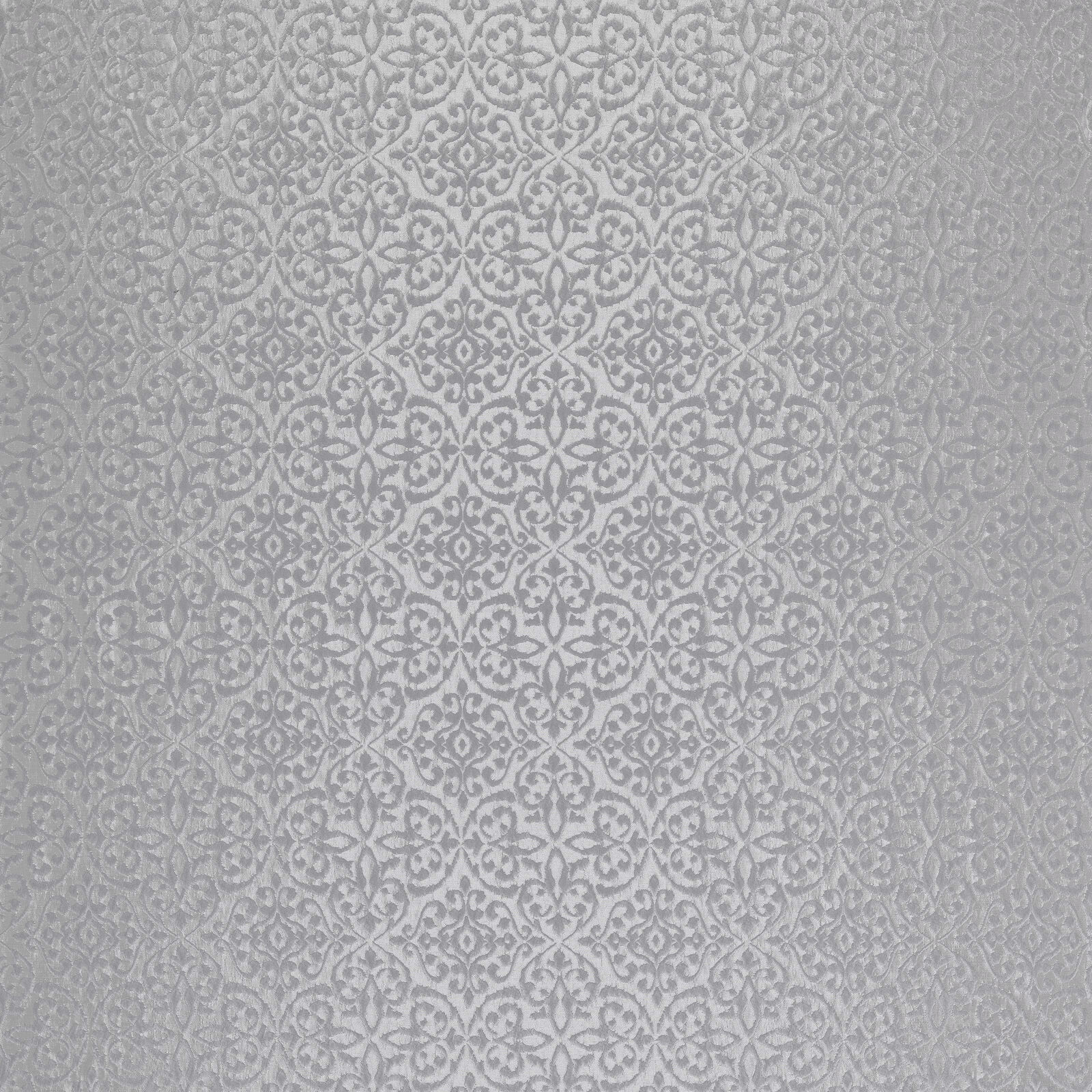 Close-up of a silver grey damask fabric with a fine tonal pattern