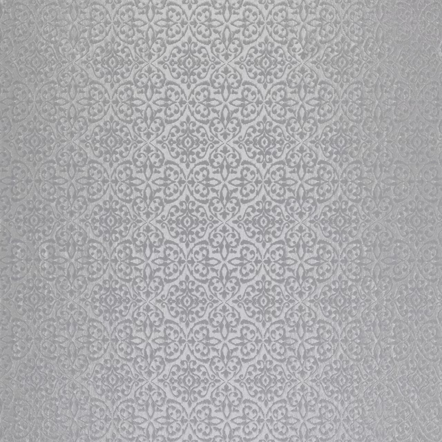 Close-up of a silver grey damask fabric with a fine tonal pattern
