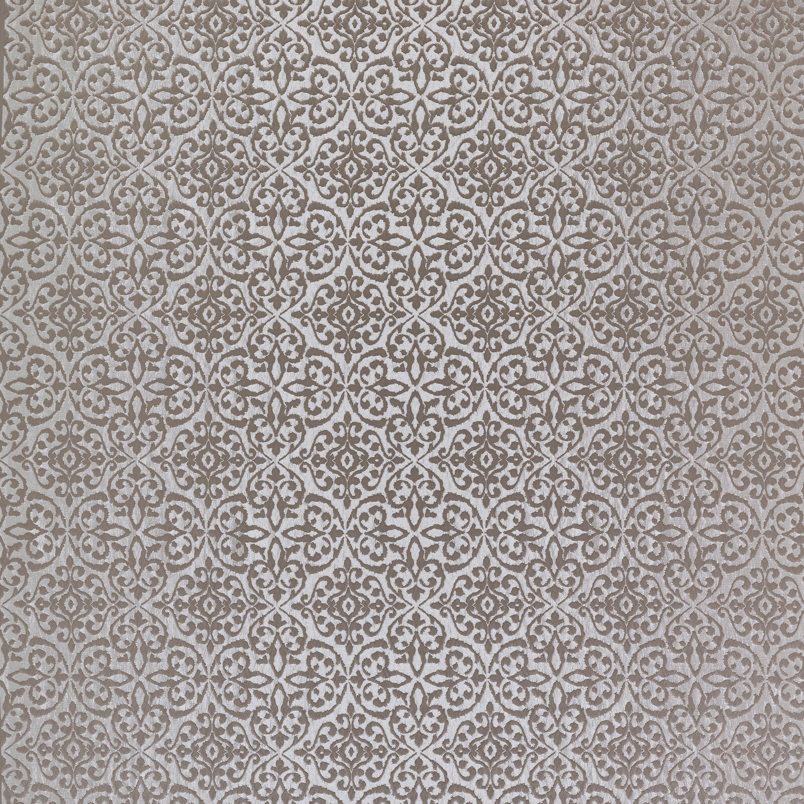 Stone taupe damask fabric with repeating scroll motifs on a pale neutral ground