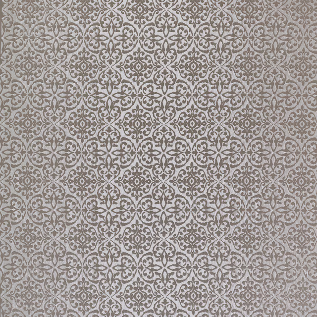 Stone taupe damask fabric with repeating scroll motifs on a pale neutral ground