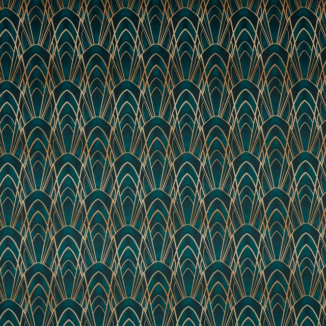 Deep emerald geometric fabric with gold fan-shaped lines in an Art Deco repeat