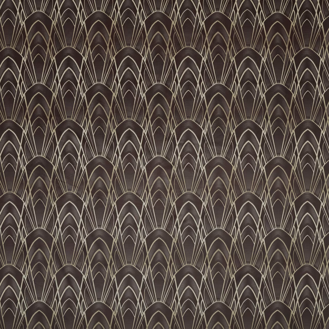 Dark graphite brown geometric fabric with pale metallic fan motifs