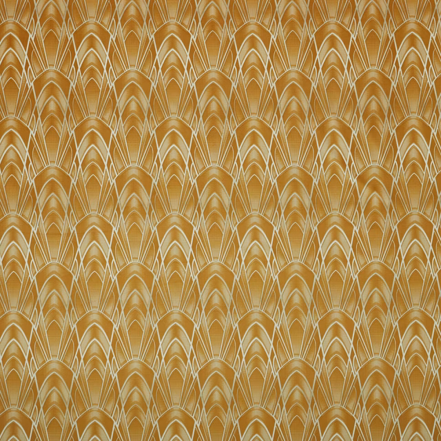 Ochre geometric fabric swatch with repeating fan-like arch motif