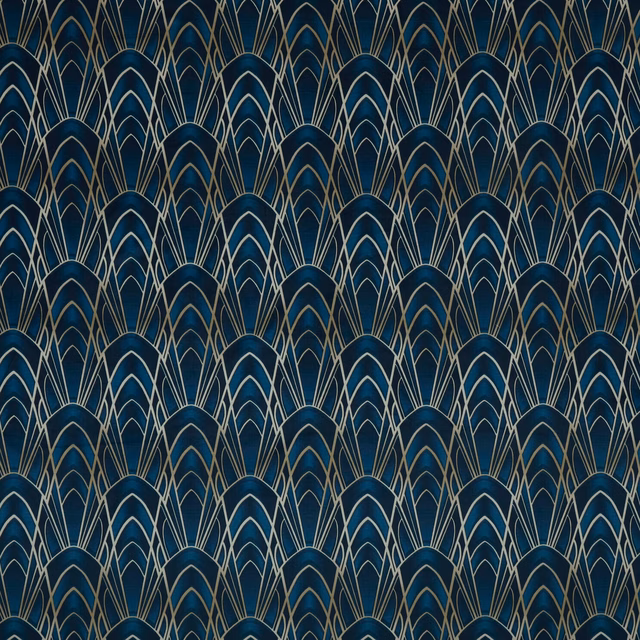 Deep sapphire geometric fabric with layered fan arches and pale outlined detailing