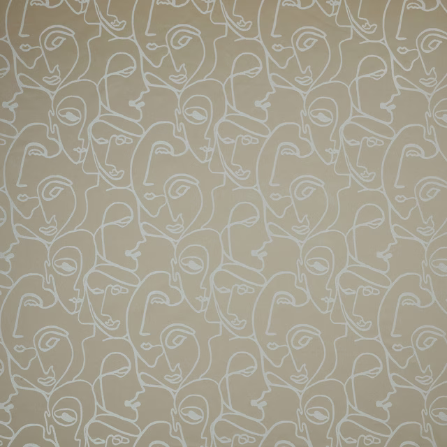 Champagne beige fabric with pale abstract face-line pattern across the swatch