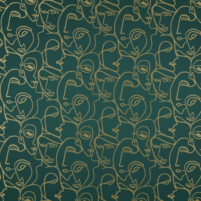 Deep emerald green fabric with overlapping gold line-drawn faces