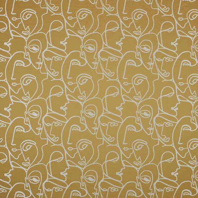 Ochre fabric with overlapping white line-drawn abstract face motif