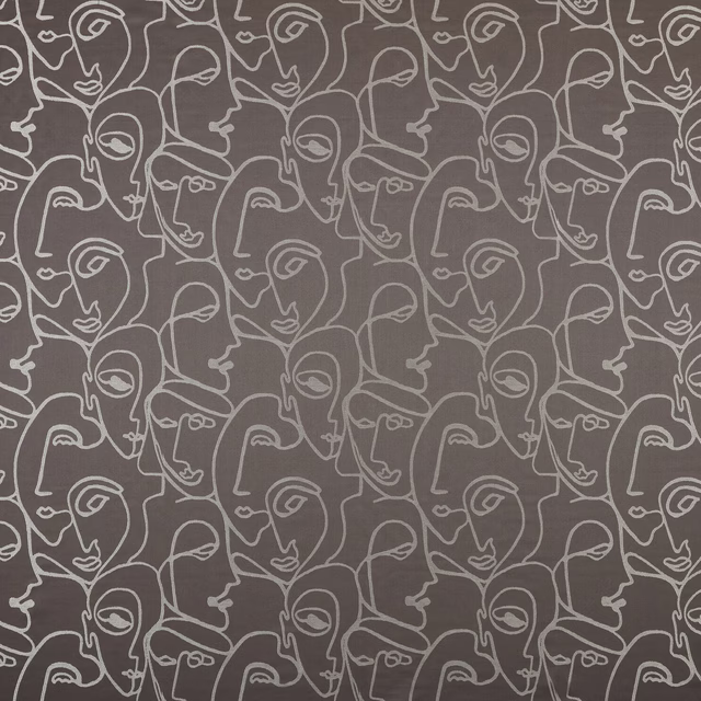 Brown fabric with outlined abstract faces in a repeating conversational motif