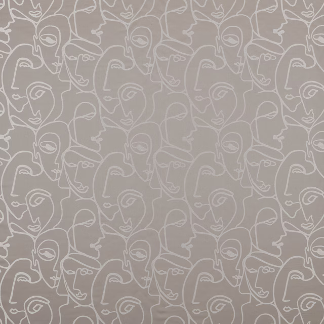 Silver-grey fabric with repeated abstract line-drawn faces in pale white