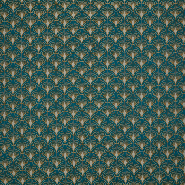 Emerald teal geometric fan pattern with fine gold lines and ivory centres