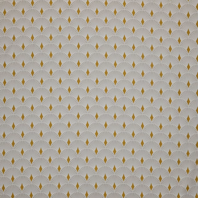 Ochre geometric fan motif on a pale ground, Ashley Wilde fabric swatch