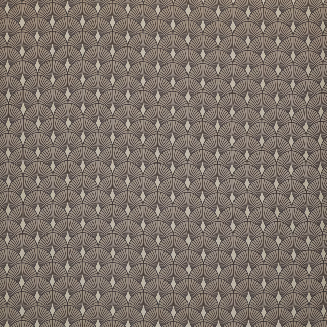 Warm praline-beige fabric with repeating fan geometric motif in brown-grey lines