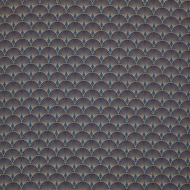 Deep sapphire geometric fabric with scalloped fan motif and pale gold linework