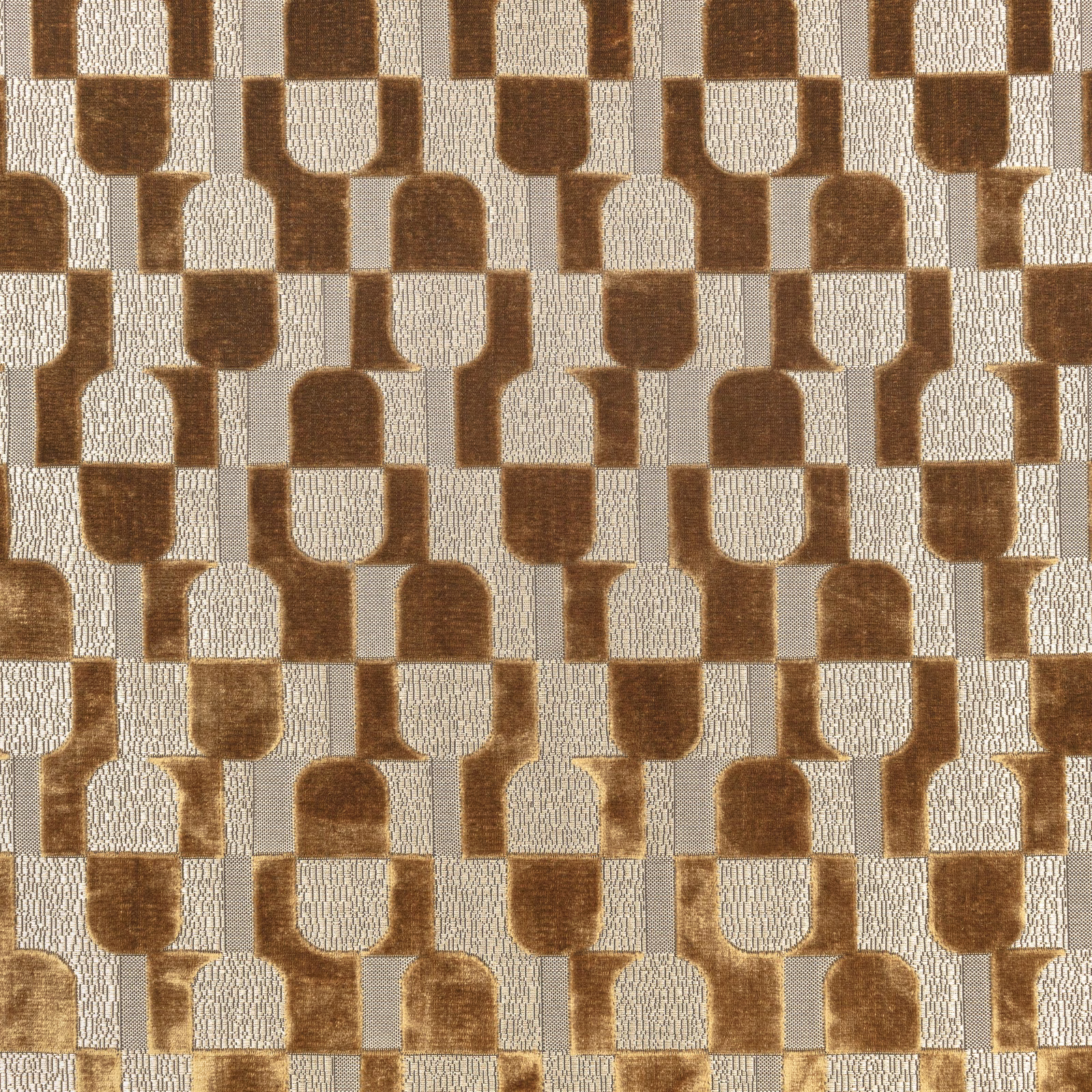 Warm cumin and ivory woven fabric with repeating rounded geometric blocks
