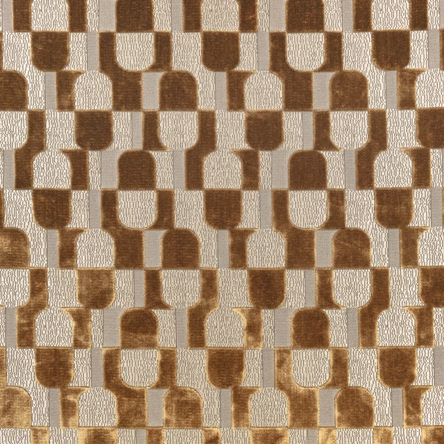 Warm cumin and ivory woven fabric with repeating rounded geometric blocks