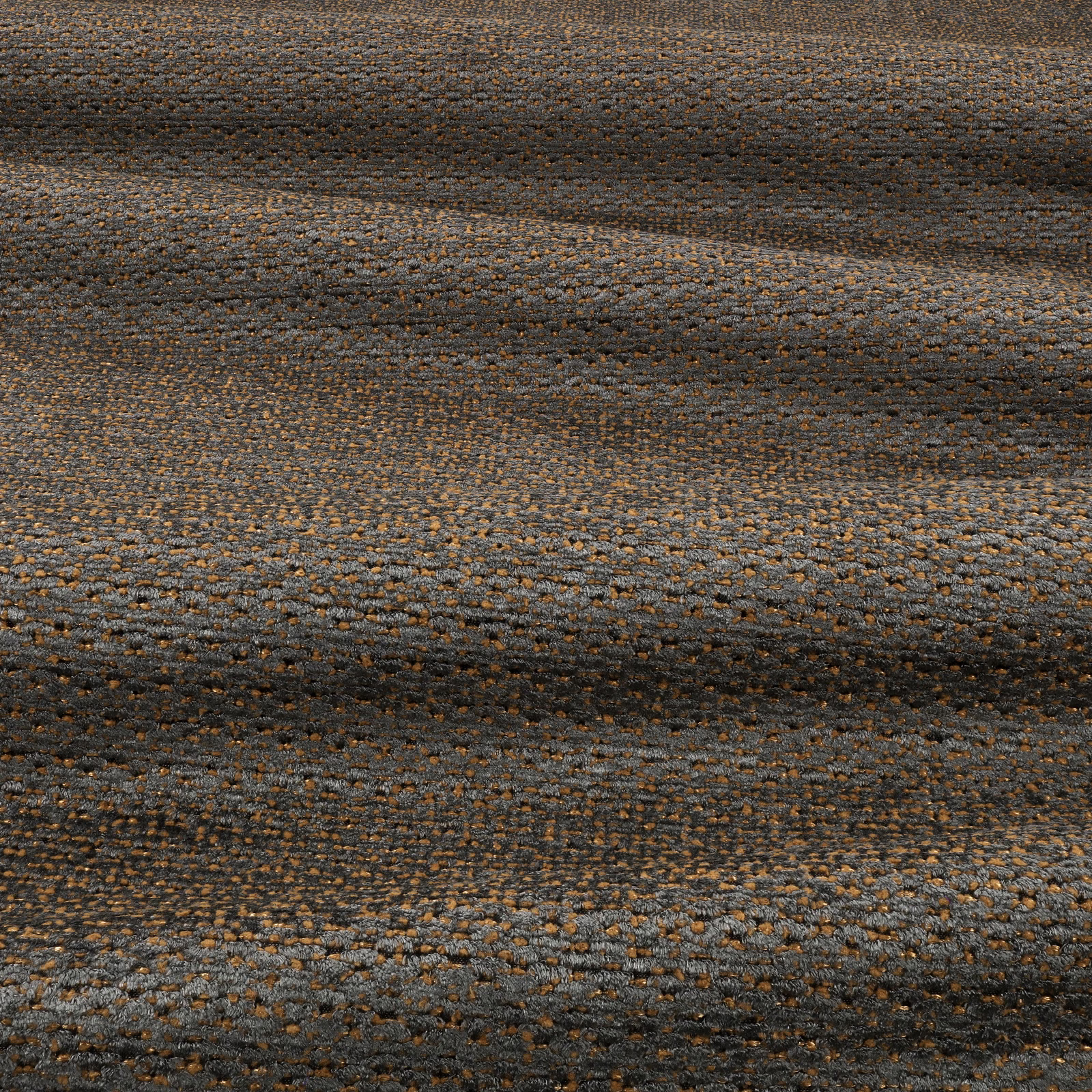 Charcoal-brown textured weave with rust flecks and softly banded horizontal tonal variation