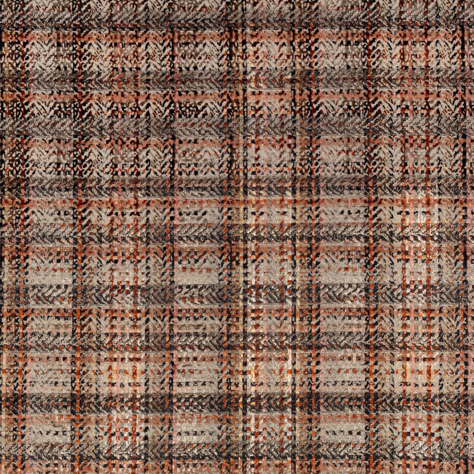Rust and charcoal checked textile with a softly nubby woven surface