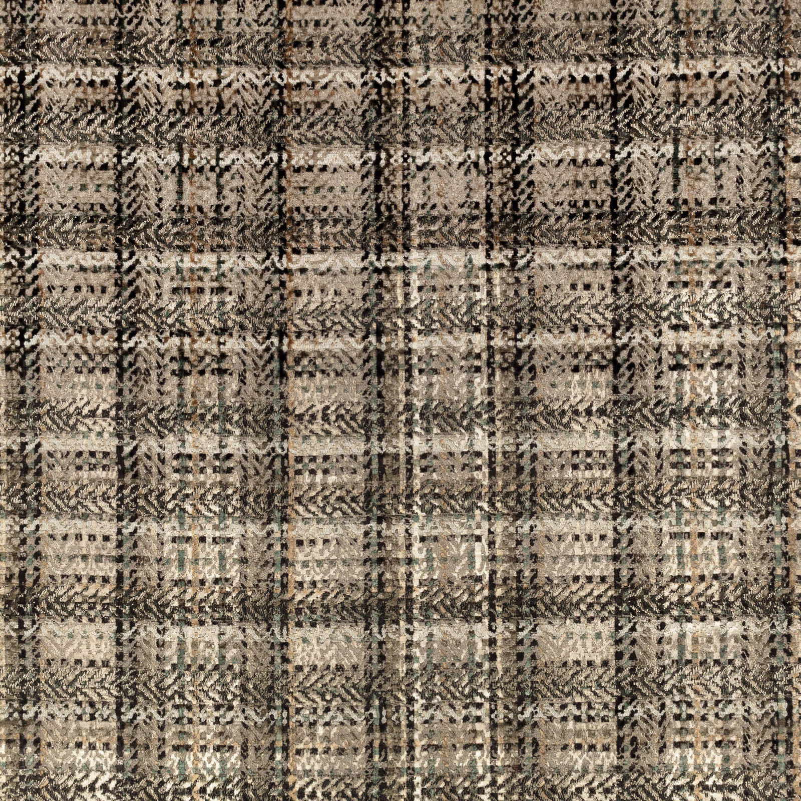 Warm oxide taupe woven fabric with irregular charcoal grid checks and distressed texture