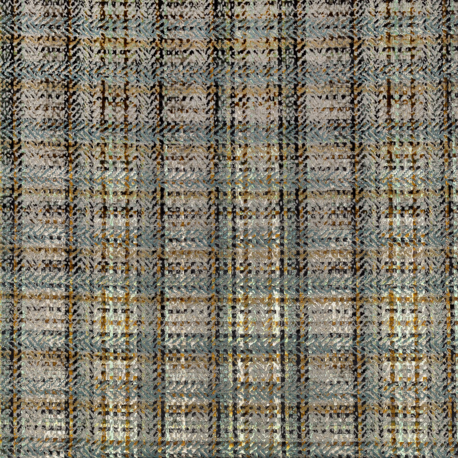 Close-up of muted teal checked weave with cream, grey, taupe and black threads