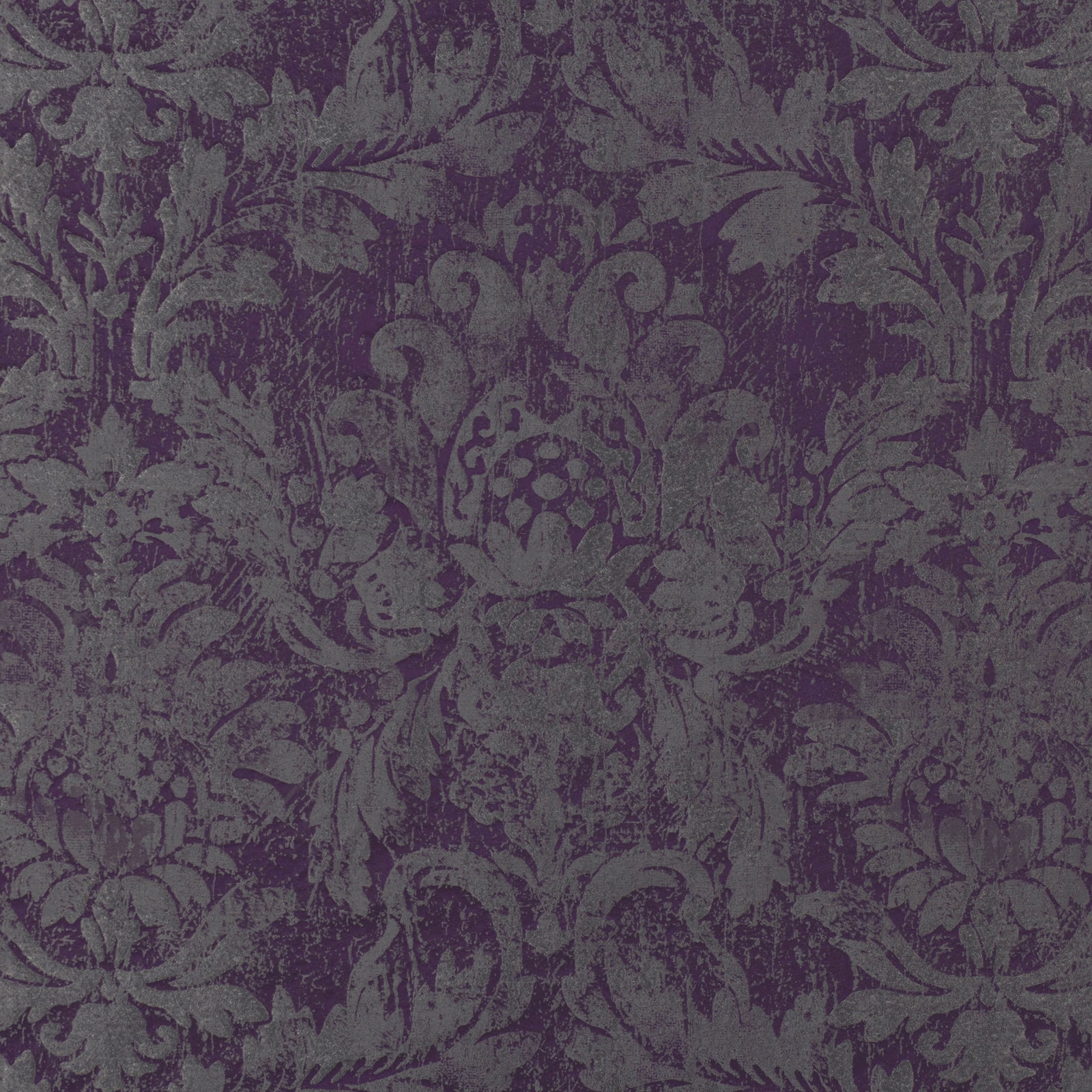 Mottled imperial purple fabric with charcoal-grey symmetrical damask leaves and scrolls