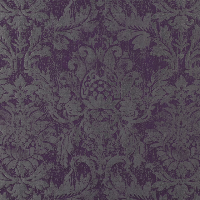 Mottled imperial purple fabric with charcoal-grey symmetrical damask leaves and scrolls