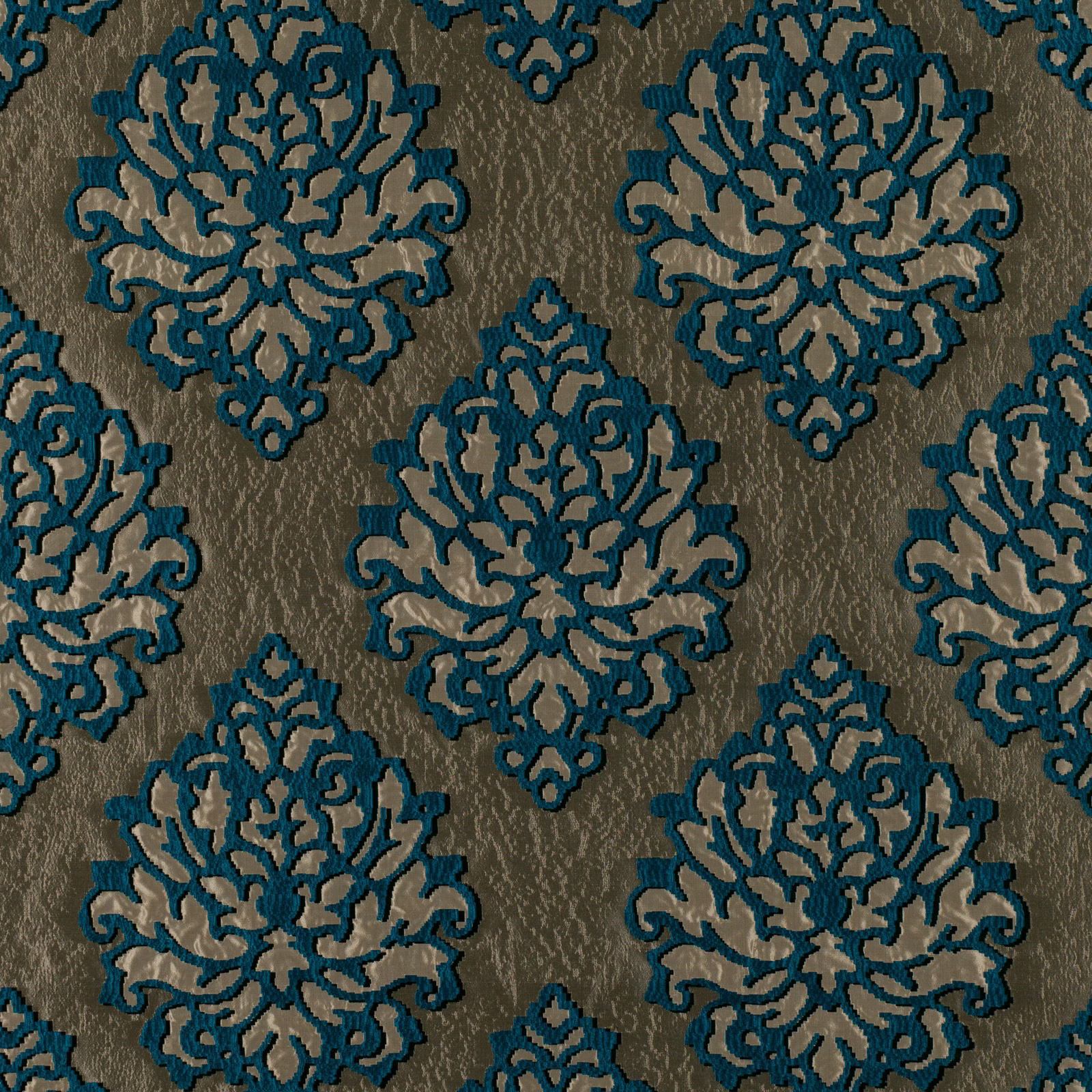 Deep teal damask medallions on a taupe-grey textured fabric ground