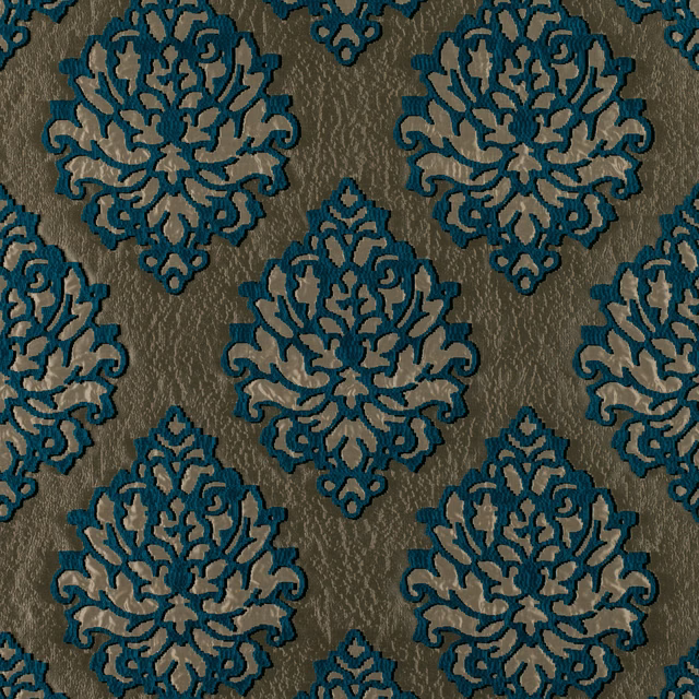 Deep teal damask medallions on a taupe-grey textured fabric ground