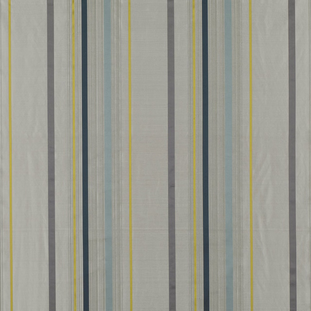 Cool grey striped fabric with slate blue, teal and fine ochre woven lines