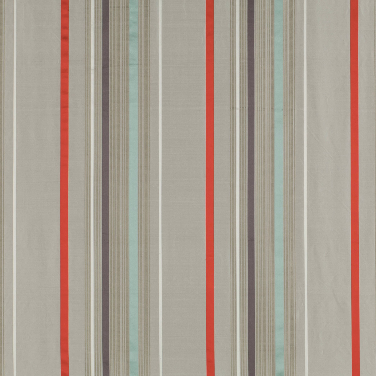 Stone-grey textile with vermilion, aqua, taupe and charcoal vertical stripes