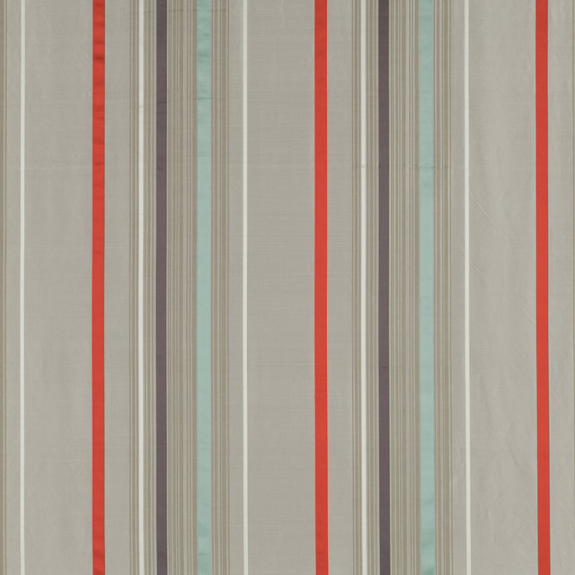 Stone-grey textile with vermilion, aqua, taupe and charcoal vertical stripes