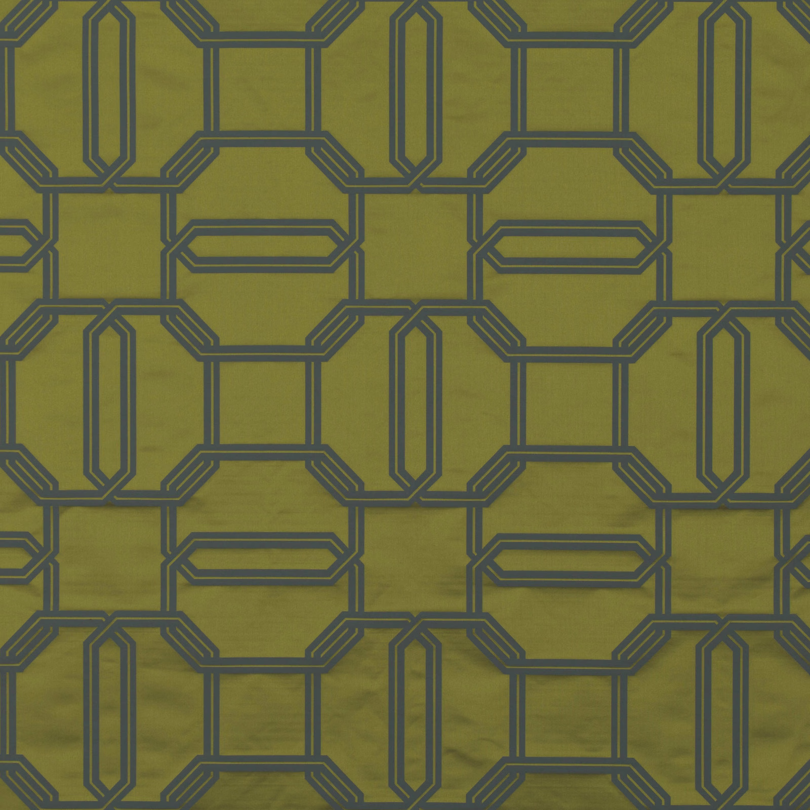 Muted pesto olive fabric with charcoal interlocking geometric lines and subtle woven texture