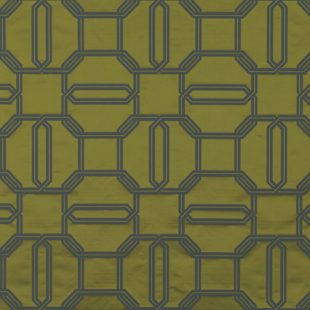 Muted pesto olive fabric with charcoal interlocking geometric lines and subtle woven texture