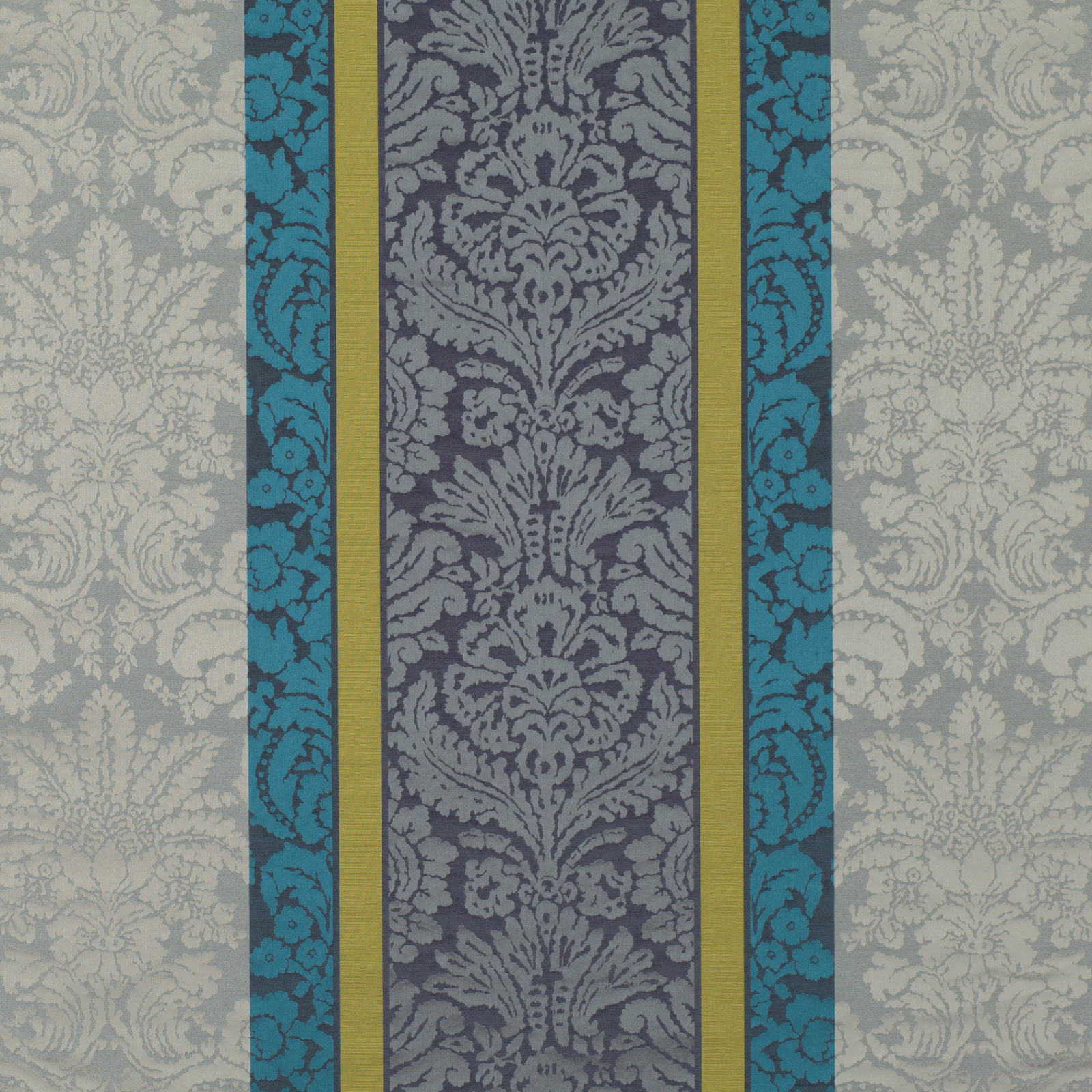 Teal, slate and olive vertical damask bands with pale stone scrolling side panels