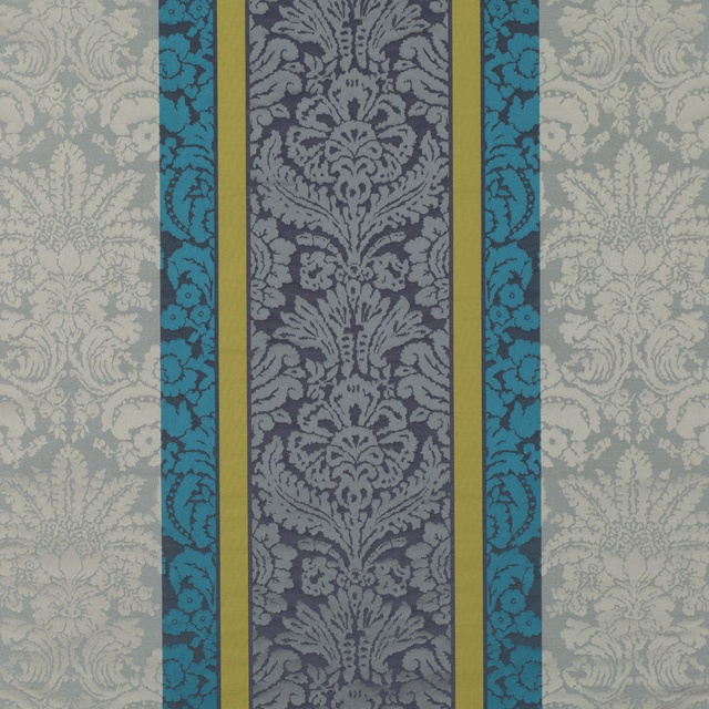 Teal, slate and olive vertical damask bands with pale stone scrolling side panels