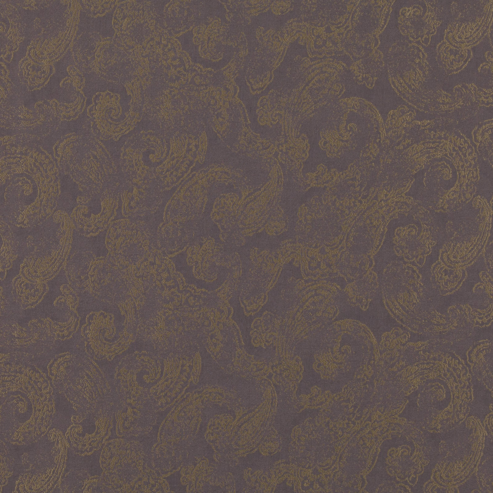 Smoky taupe woven ground with muted antique-gold paisley scrolls