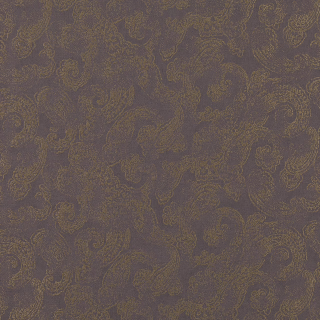 Smoky taupe woven ground with muted antique-gold paisley scrolls