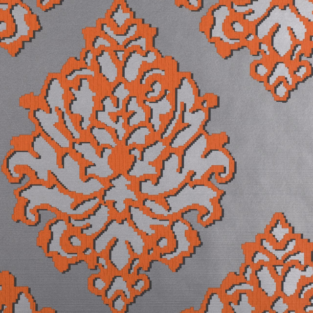 Cayenne-orange damask motifs on a finely grained grey wallcovering